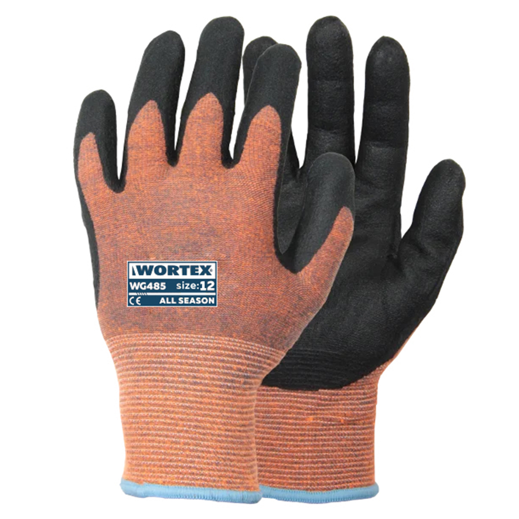 WORTEX WG485 nitriilkattega töökindad, must/oranž